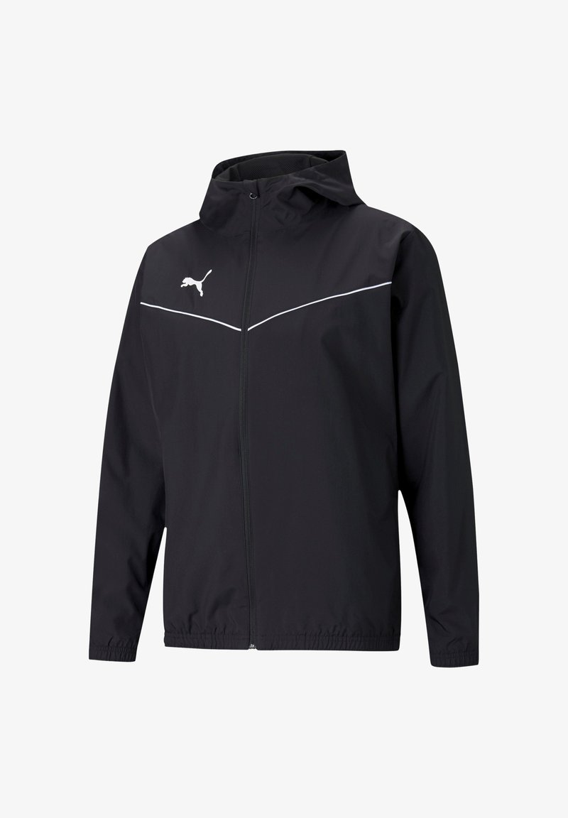 Black lightweight jacket featuring a hood, zip closure, reflective white accents, and a logo on the left chest; smooth texture.