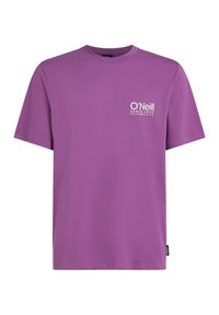 Purple cotton t-shirt with short sleeves, crew neckline. Features white logo on the left chest. Soft texture, straight hem, and no patterns.