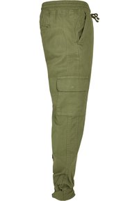 Pantalones cargo verde oliva con cintura ajustable mediante cordón, bolsillos laterales y un gran bolsillo cargo en el muslo; fabricados con tela resistente.