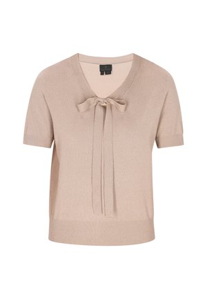 Short-sleeve, v-neck beige knit sweater with a central tie detail and ribbed hem. Smooth texture and relaxed fit.