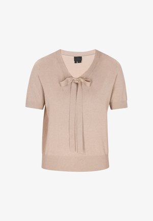 Lühikeste varrukatega, V-kaelusega beezist kudum, millel on keskel sõlm ja soonikkoes äär. Sile tekstuur ja lõdvestunud istuvus.