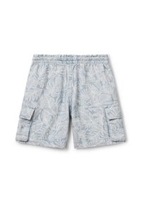 Pantaloni cargo azzurri chiari con un motivo a foglia bianca, vita elastica e tasche laterali per una maggiore praticità.
