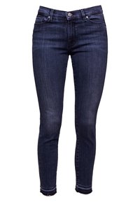 Mörkblå skinny jeans i denim, med medelhög midja, standard femfickorsdesign och fransad nederkant vid anklarna.