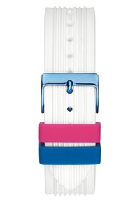 Bracelet de montre en caoutchouc blanc avec texture rainurée, doté d'une boucle métallique bleue et d'accents en silicone rose et bleu. Le bracelet comporte plusieurs trous pour l'ajustement.