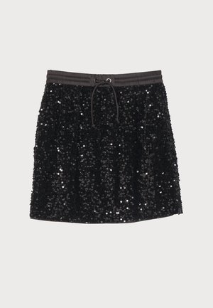 Czarna spódnica z cekinami, z elastycznym pasem i sznurkiem do regulacji, o gładkiej fakturze i błyszczącej powierzchni, odbijającej światło.