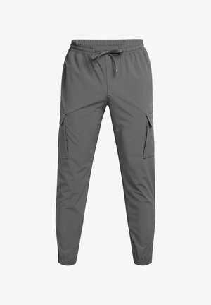 Pantalons cargo gris avec taille élastique, cordon de serrage ajustable, poches latérales à rabat et chevilles élastiquées.