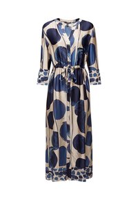 Long, flowing kaftan in silky fabric with a beige background and large blue circles. Features a tie waist and wide sleeves.