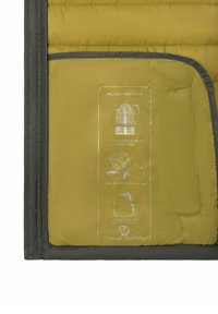 Instructies afgedrukt op een groen gewatteerd vestpaneel dat laat zien hoe je het vest kunt oprollen en in een kleine tas kunt verpakken voor opslag of reizen.