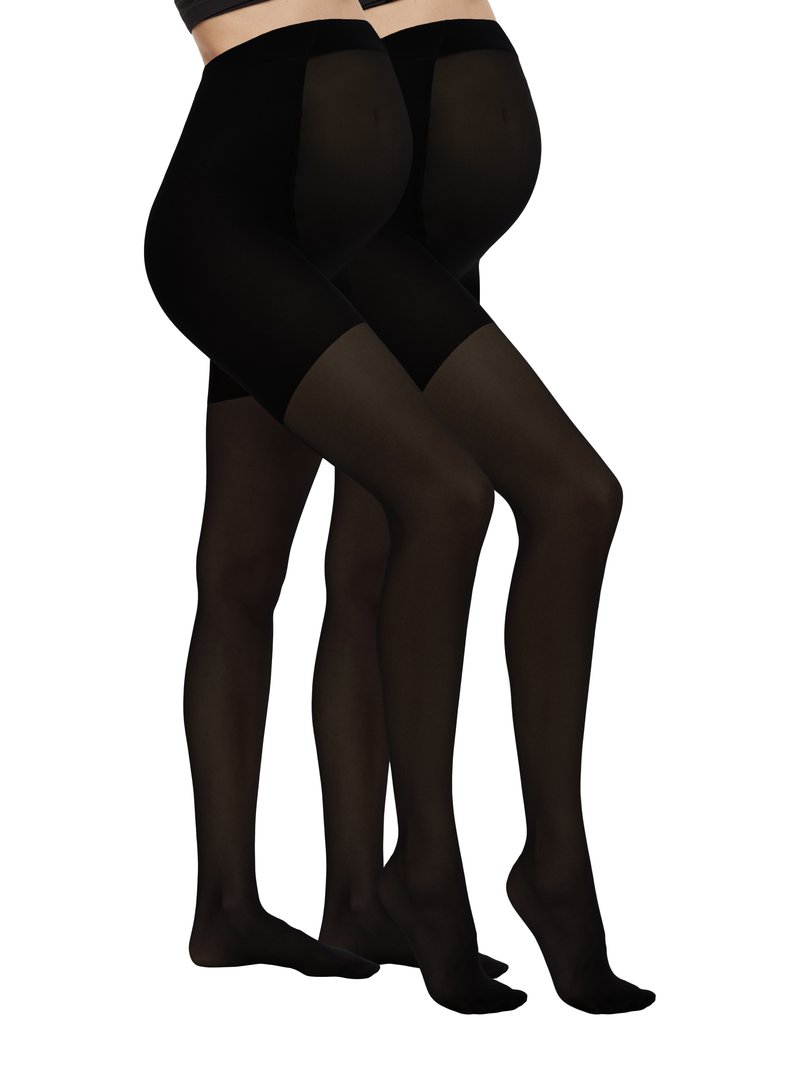 Δύο ζευγάρια μαύρες διαφανείς εγκυμοσύνης καλτσοδετες, παρουσιασμένες σε μοντέλα, που τονίζουν το ελαστικό ύφασμα πάνω από την κοιλιά και τα πόδια πάνω σε λευκό φόντο.