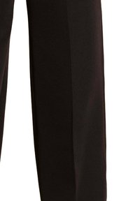 Pantalons noir à jambes larges en tissu lisse, avec un devant plat, sans poches, et une coupe légèrement cintrée sur les côtés.