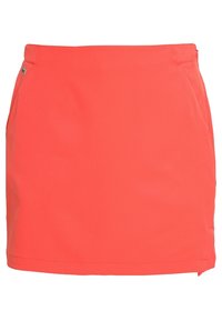 Koronkowa mini spódniczka z gładkiego materiału, o prostym kroju, z bocznymi kieszeniami i subtelnym akcentem logo w okolicy talii.