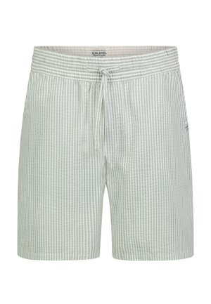 Herren-Shorts in hellgrün und weiß mit vertikalen Streifen, elastischem Bund und vorderem Kordelzug, bis zur Mitte des Oberschenkels.