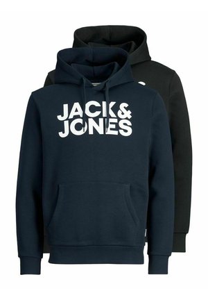 Mornarske i crne dukserice s bijelim logotipom "JACK & JONES", s kapuljačama na vezanje, prednjim kenguru džepovima, rebrastim manžetama i pojasom.