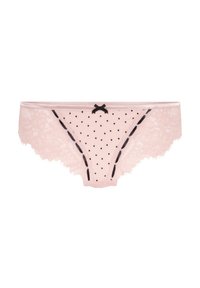 Lace roze slipjes met zwarte stippen, gegolfde randen en een zwarte strikaccent aan de voorkant. Voorzien van zwarte decoratieve stiksels.