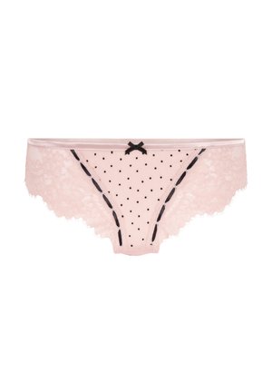 Lace roze slipjes met zwarte stippen, gegolfde randen en een zwarte strikaccent aan de voorkant. Voorzien van zwarte decoratieve stiksels.