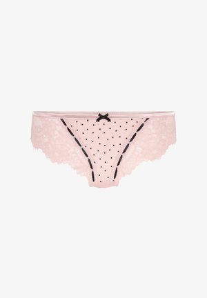 Lace roze slipjes met zwarte stippen, gegolfde randen en een zwarte strikaccent aan de voorkant. Voorzien van zwarte decoratieve stiksels.