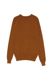 Suéter de punto naranja con cuello redondo acanalado, mangas largas y un patrón texturizado a rayas en todo el cuerpo.