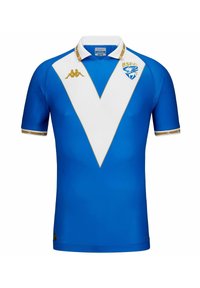 Blauw sportshirt met een witte en gouden V-vormige patroon, Kappa-logo en BSF-insigne. Korte mouwen en een klassiek kraag.