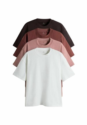 Neli t-särgi komplekt heledates toonides: tumepruun, roostepunane, tuhmunud roosa ja valge. Lühikeste varrukatega, ümmarguse kaelusega, valmistatud pehmest puuvillakangast.