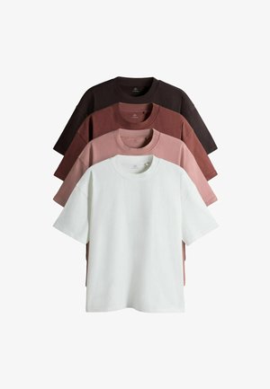 Neli t-särgi komplekt heledates toonides: tumepruun, roostepunane, tuhmunud roosa ja valge. Lühikeste varrukatega, ümmarguse kaelusega, valmistatud pehmest puuvillakangast.