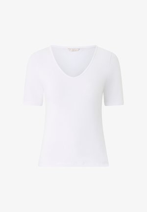 T-shirt ajusté pour femme à manches courtes blanches en col en V avec une texture unie et lisse sur fond blanc.
