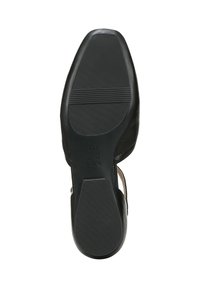 Semelle en caoutchouc noir avec une adhérence texturée, dotée d'une forme à l'avant arrondi et d'un léger arc. Présente le logo de la marque en relief sur le côté.