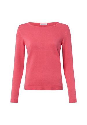 Rosa Pullover aus weichem Strickmaterial mit rundem Ausschnitt, langen Ärmeln und geripptem Saum. Einfaches Design ohne Muster oder Verzierungen.