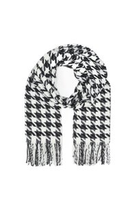 Zwart-wit houndstooth-patroon sjaal met franjes, gemaakt van zacht materiaal, met een geweven structuur en een rechthoekige vorm.