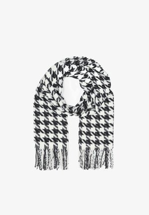 Schwarz-weißer Schachbrettmuster-Schal mit fransigen Kanten, aus weichem Stoff gefertigt, mit gewebter Textur und rechteckiger Form.