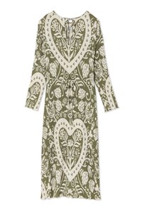 Πράσινο και κρεμ φόρεμα με μακριά μανίκια, ριγωτή υφή, λουλουδάτο μοτί βο σε σχήμα καρδιάς, σφηκοφωλιά στη μέση και δέσιμο στο πίσω λαιμό.