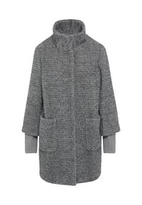 Manteau en tricot gris avec un col haut, deux poches à l'avant et des manches longues avec des poignets en côtes. Tissu texturé avec un motif à carreaux.
