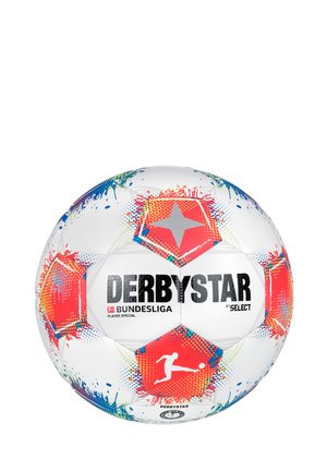 White soccer ball with colorful splashes, hexagonal panels, and a textured surface. Features "DERBYSTAR" and "BUNDESLIGA" logos in black.