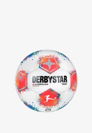 Weißer Fußball mit bunten Spritzern, hexagonalen Panelen und einer strukturierten Oberfläche. Verfügt über die Logos "DERBYSTAR" und "BUNDESLIGA" in Schwarz.