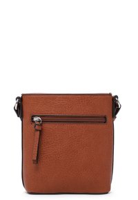 Brun læder crossover taske med en tekstureret overflade, en lynlåslomme foran og en simpel rektangulær form. Justerbar rem inkluderet.