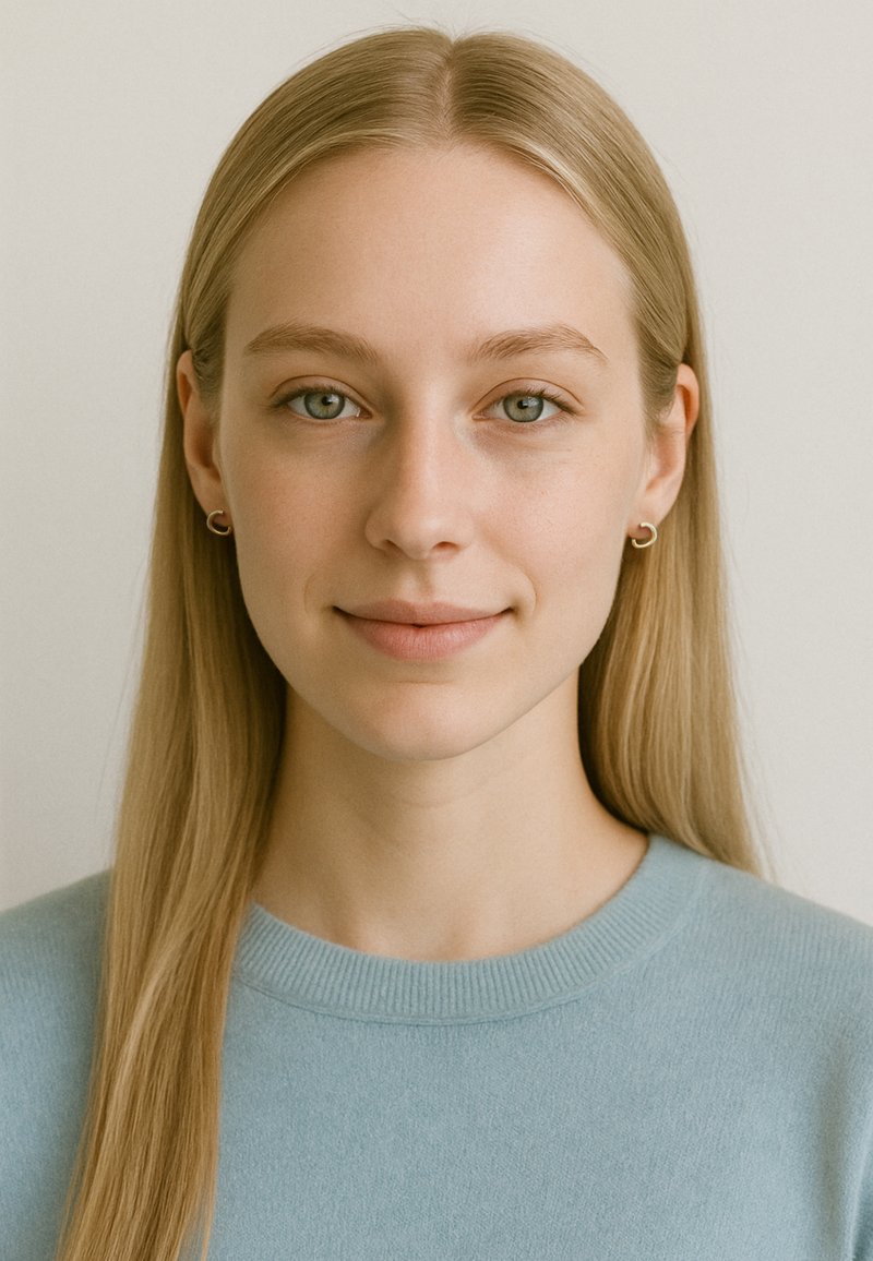 Ljusblå tröja med ribbad halsringning, slät textur. Lång rak blondt hår, bär små guld hoopörhängen, neutral bakgrund.