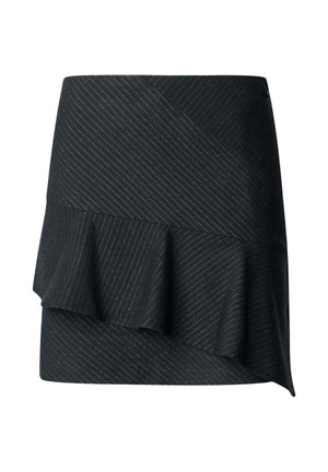 Black mini skirt with a ruffled hem, featuring a diagonal striped pattern in lighter threads, made from a textured fabric.