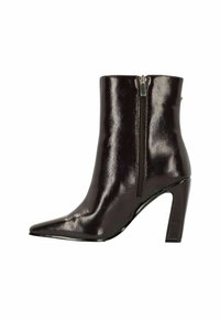 Bottine bordeaux en matériau synthétique brillant, avec un bout pointu, un talon haut et une fermeture éclair sur le côté.