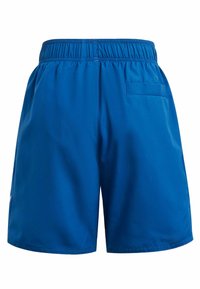Blue athletic shorts made of lightweight fabric, with an elastic waistband and a single rear pocket. Smooth texture with no visible patterns.