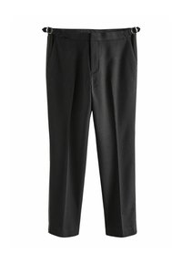 Pantalones negros a medida con corte slim, fabricados en tejido suave, con bolsillos laterales y pestañas ajustables en la cintura para un ajuste personalizable.