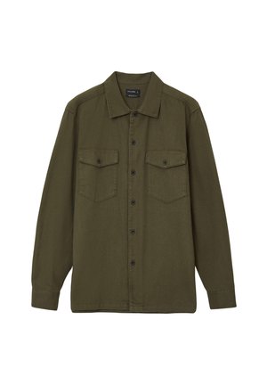 Olive green long-sleeve button-up shirt with collar and two button-flap chest pockets, regular fit, displayed on white background.