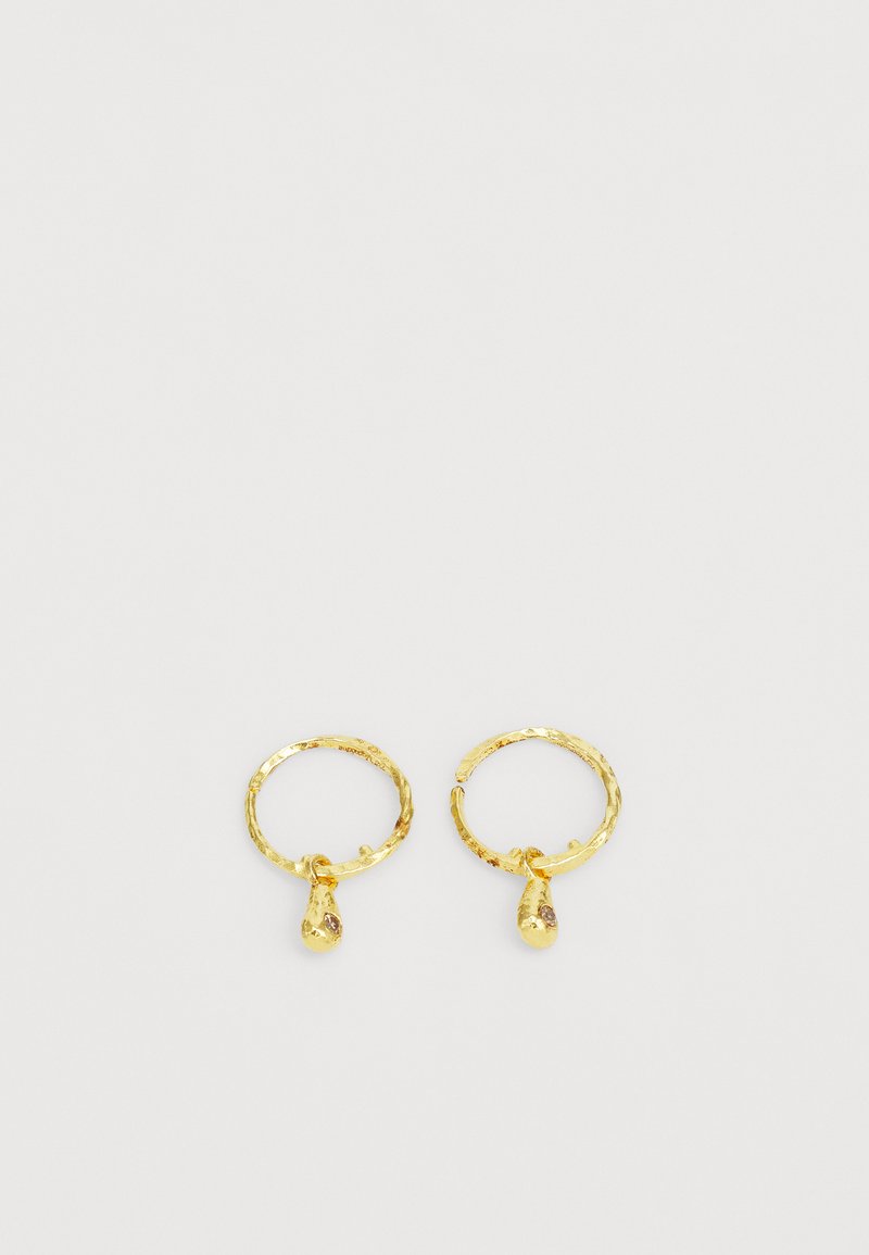 Χρυσές στρογγυλές σκουλαρίκια με υφή και σχέδιο κρεμαστό, που περιλαμβάνει ένα μικρό διακοσμητικό στοιχείο στη βάση.