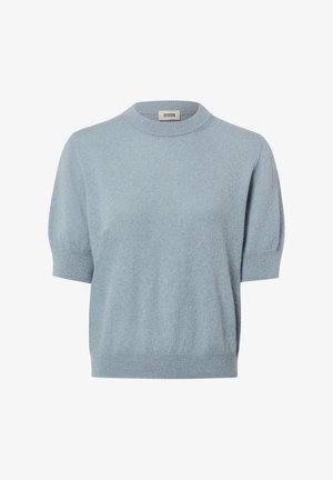 Hellblauer Strickpullover mit kurzen Ärmeln, Rundhalsausschnitt und gerippten Bündchen an Ärmeln, Saum und Kragen, mit "Drykorn"-Etikett innen am Hals.