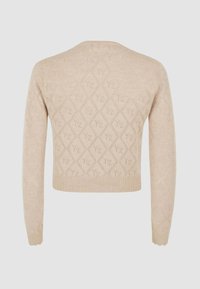 Maglione a maglia beige con motivo a diamante e logo sottile. Maniche lunghe, polsini e orlo a costine, texture leggera e design corto.