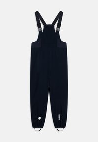 Black overalls made of smooth fabric with adjustable straps, elastic cuffs, and logo accents at the bottom and near the chest.