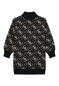 Czarny sweter z dzianiny z geometrycznym beżowym wzorem, wysoki kołnierz oraz ściągacze przy mankietach i u dołu. Miękka tekstura z charakterystycznymi detalami.