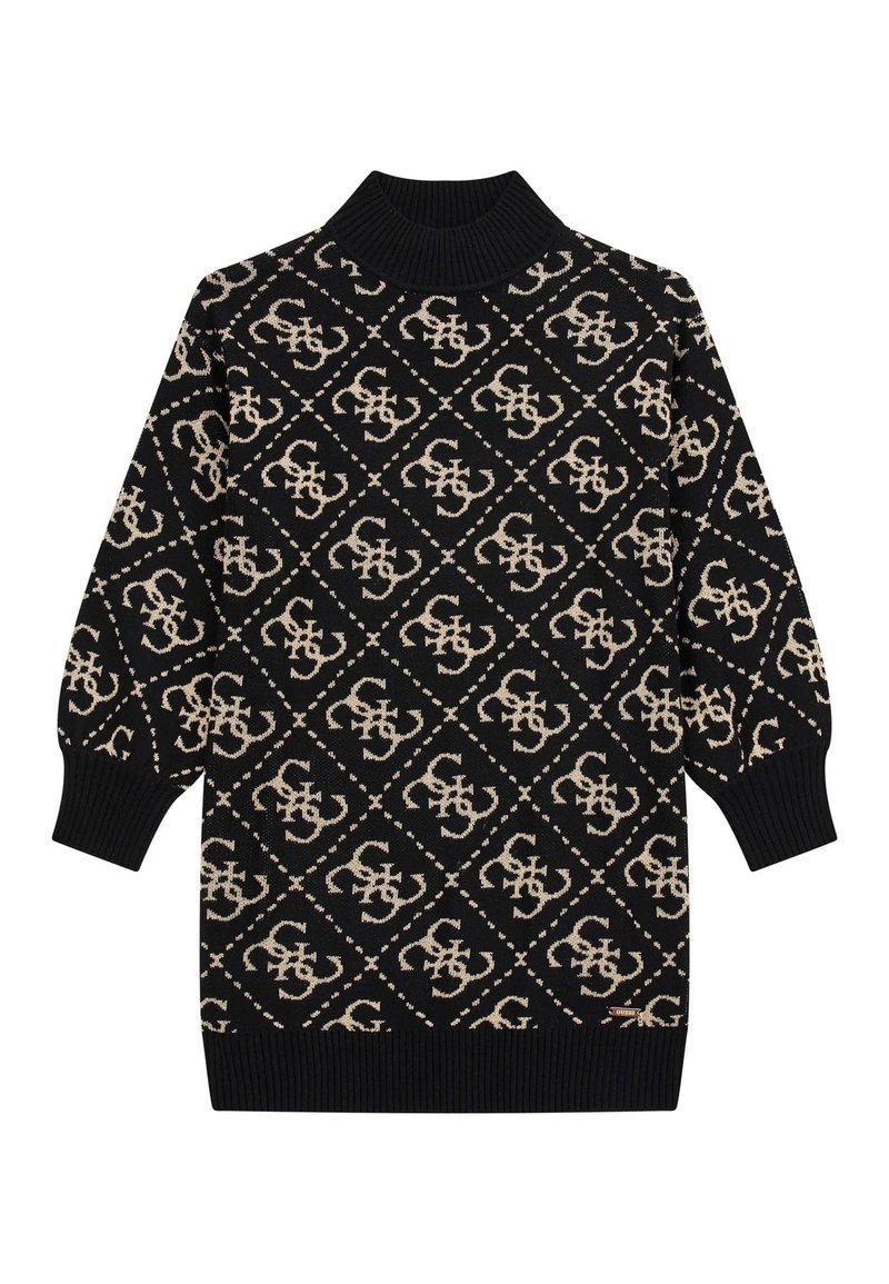 Czarny sweter z dzianiny z geometrycznym beżowym wzorem, wysoki kołnierz oraz ściągacze przy mankietach i u dołu. Miękka tekstura z charakterystycznymi detalami.
