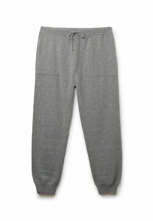 Grå mjukisbyxor i mjukt material med elastisk midja och snörning, två sidofickor och smalnande muddar.