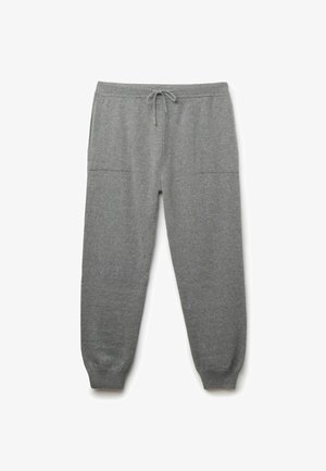 Szare dresowe spodnie wykonane z miękkiego materiału z elastycznym pasem ze sznurkiem, dwoma bocznymi kieszeniami i zwężanymi ściągaczami.