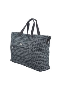 Large tote bag made of durable fabric, featuring a geometric black pattern on a gray background, two sturdy handles, and a zippered compartment.