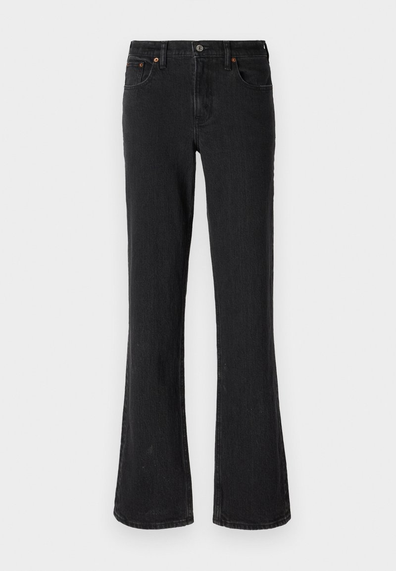Schwarze ausgestellte Jeans aus Denim mit einem vorderen Knopfverschluss, fünf Taschen und dezenten stitching Details, aus einem mittelschweren Stoff gefertigt.